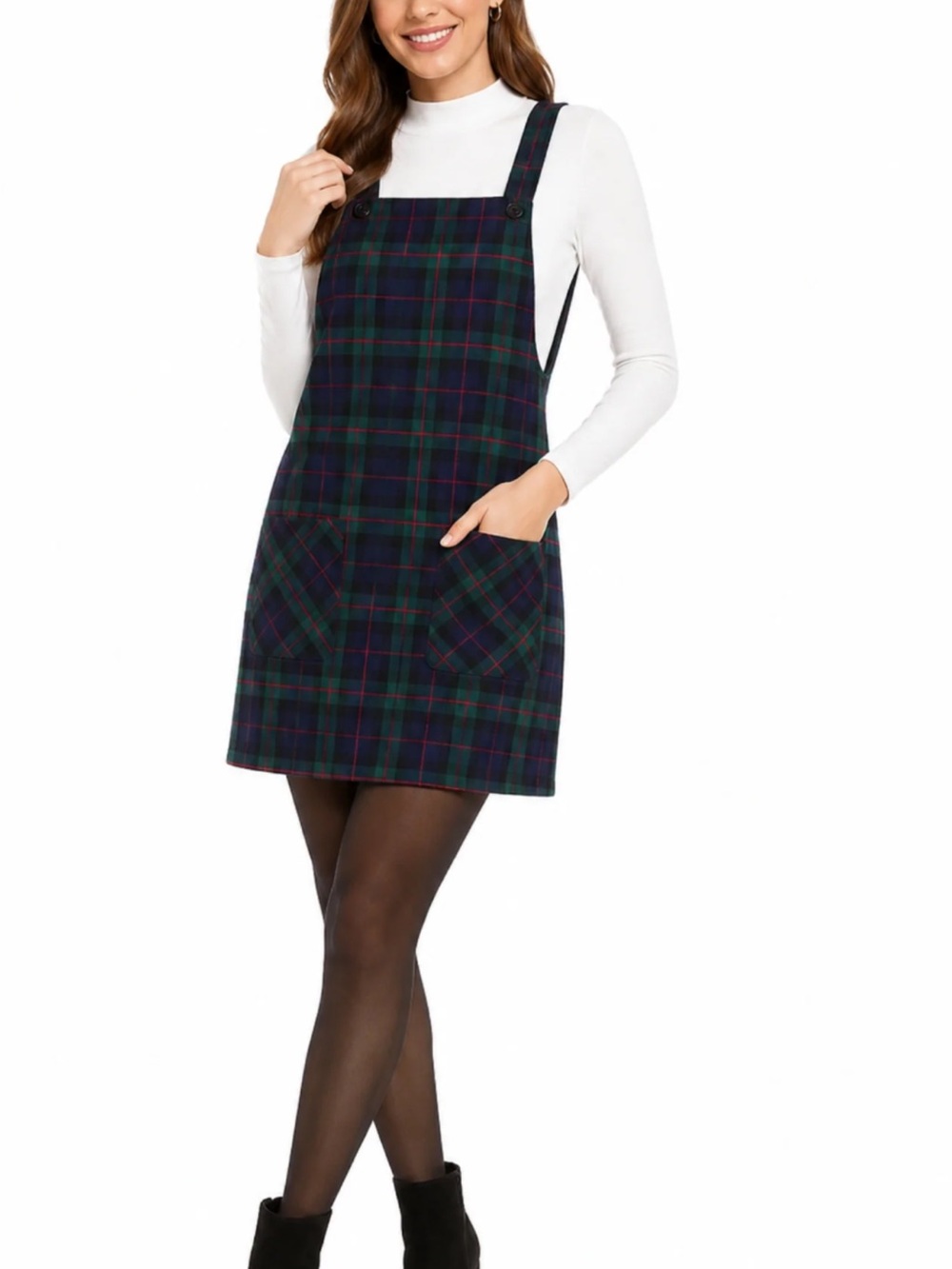 Plaid Pinafore Dress in Navy Green - Women's Jumper Dress